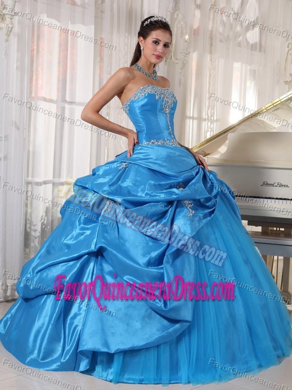 Blue Ball Gown Taffeta and Tulle Sweet 15 Dresses with Appliques and Pickups