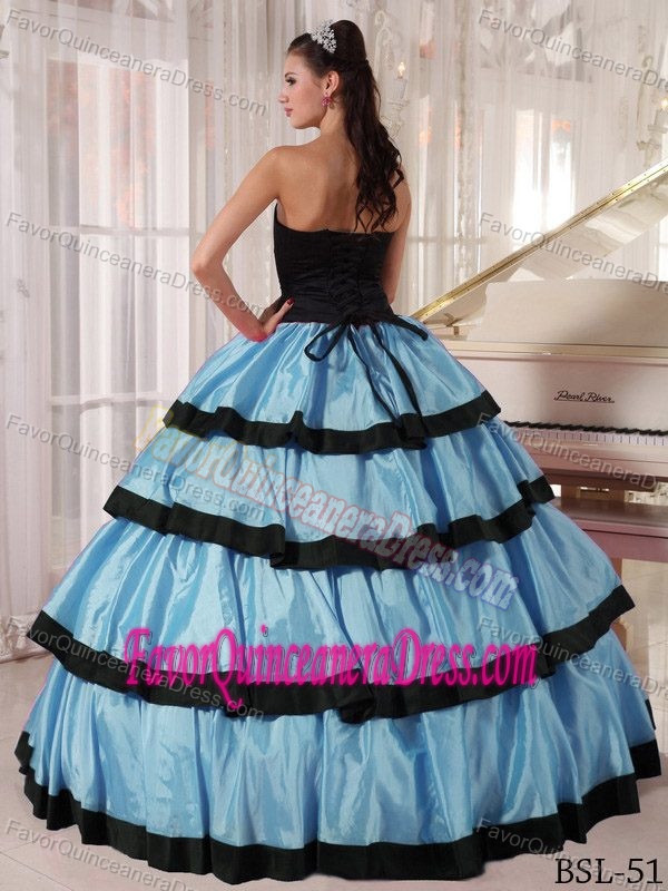 Classy Strapless Taffeta Quinceanera Dress with Layers in Black and Aqua Blue