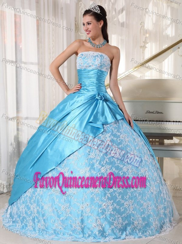 Unique Aqua Blue Ruched Quinceanera Gown Dress with Taffeta and Lace Fabric