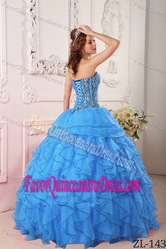 Graceful Aqua Blue Quinces Dresses with with Beadings and Ruffles in Organza