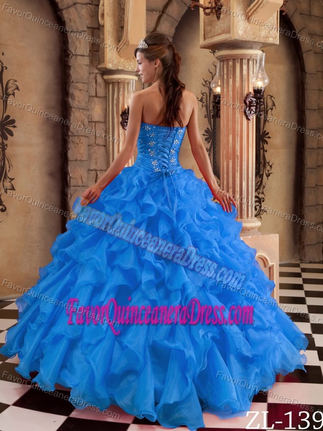 Beautiful Beaded and Ruched Quinceanera Dress with Ruffles in Blue Color