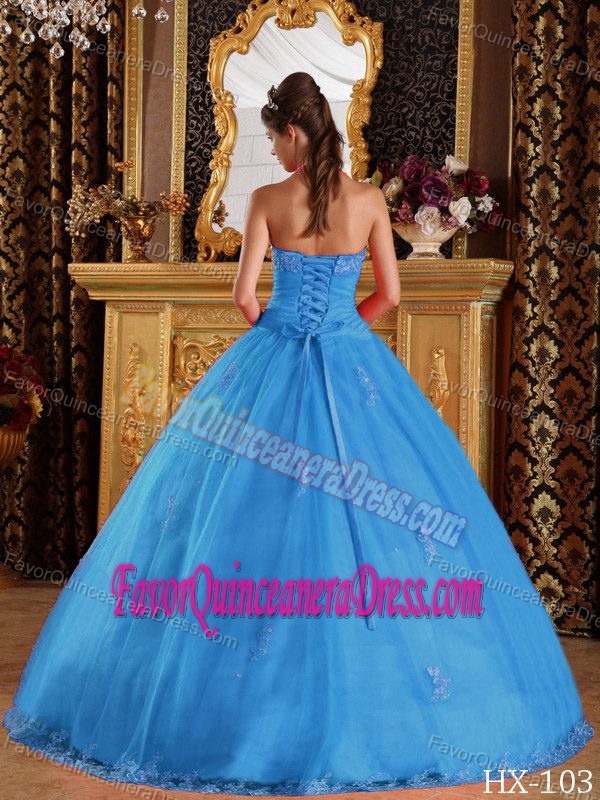 Halter-top Ruched Quinceaneras Dress with Embroidery in Light Blue Color