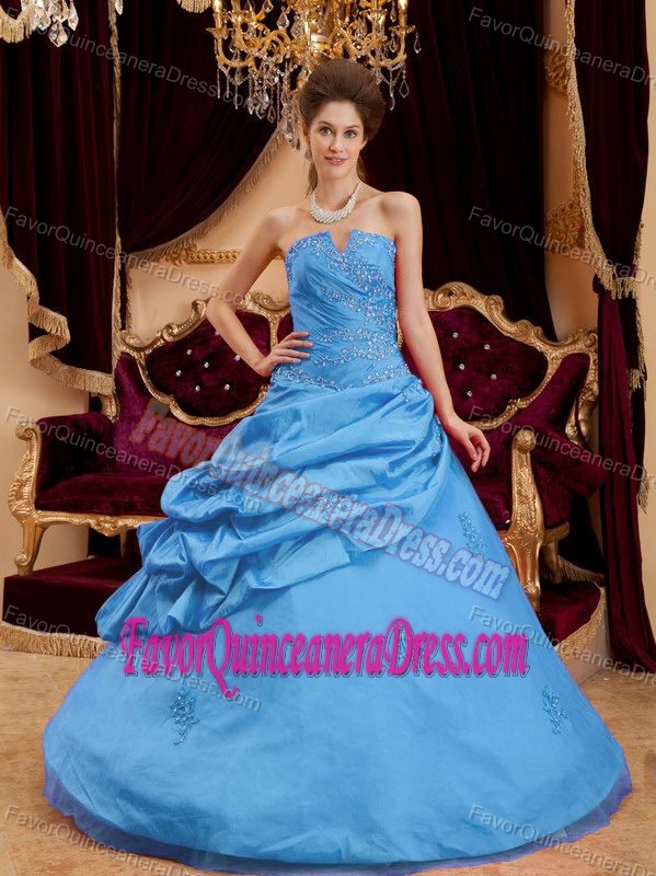 Most Popular Strapless Taffeta Quinceanera Gown Dresses with Appliques
