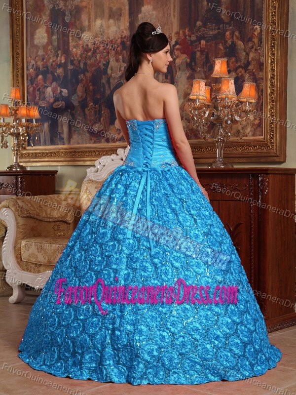 Ruched and Beaded Aqua Blue Dresses for Quinceanera With Rolling Flowers