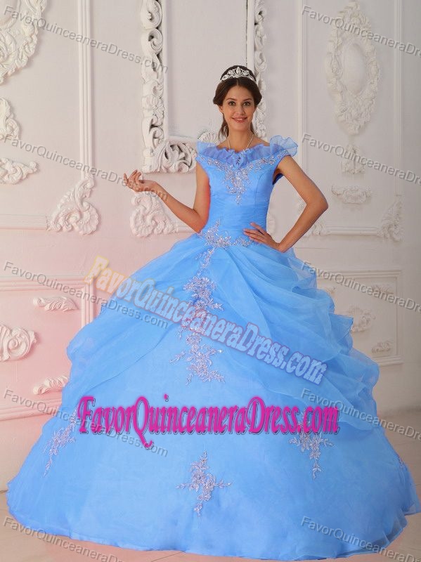 V-neck Taffeta and Organza Quinces Dresses with Appliques and Beads in Blue