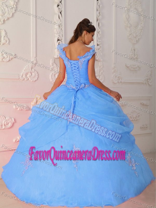 V-neck Taffeta and Organza Quinces Dresses with Appliques and Beads in Blue