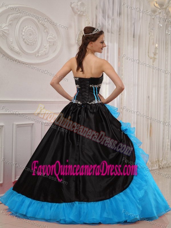 Satin and Organza Sweet Sixteen Quince Dress with Appliques in Aqua and Black
