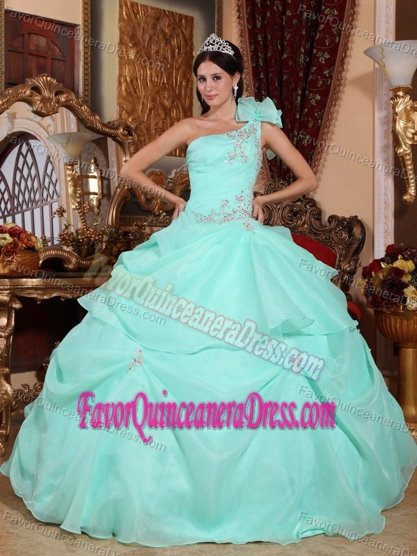 Apple Green Ball Gown Organza Quince Dresses with Appliques and One Shoulder