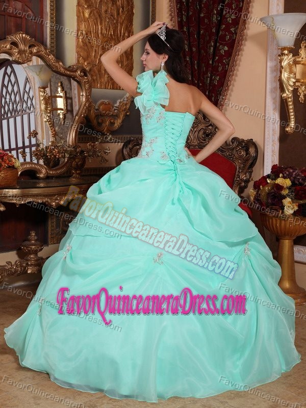 Apple Green Ball Gown Organza Quince Dresses with Appliques and One Shoulder