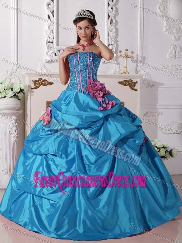 Teal Beaded Sweet Sixteen Quince Dress with Pickups and Handmade Flowers