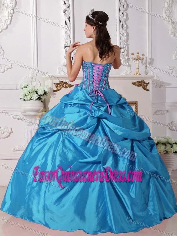 Teal Beaded Sweet Sixteen Quince Dress with Pickups and Handmade Flowers