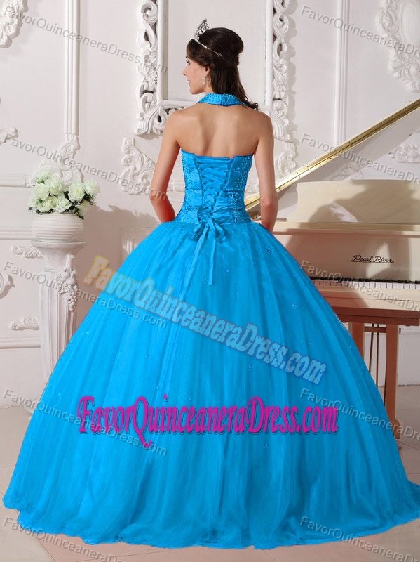 Baby Blue V-neck Beaded Quince Dress with Halter-top in Tulle and Taffeta