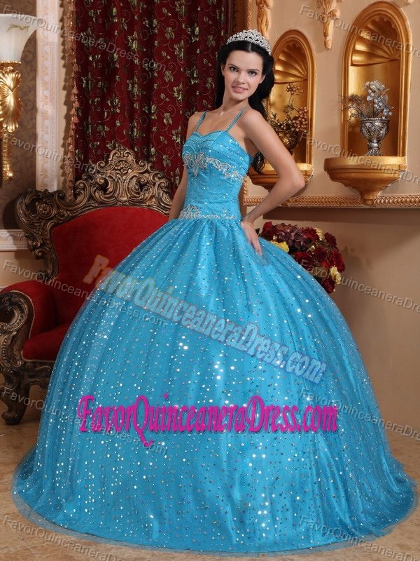 Spaghetti Straps Beaded Sweet Sixteen Dresses with Embroidery and Sequins