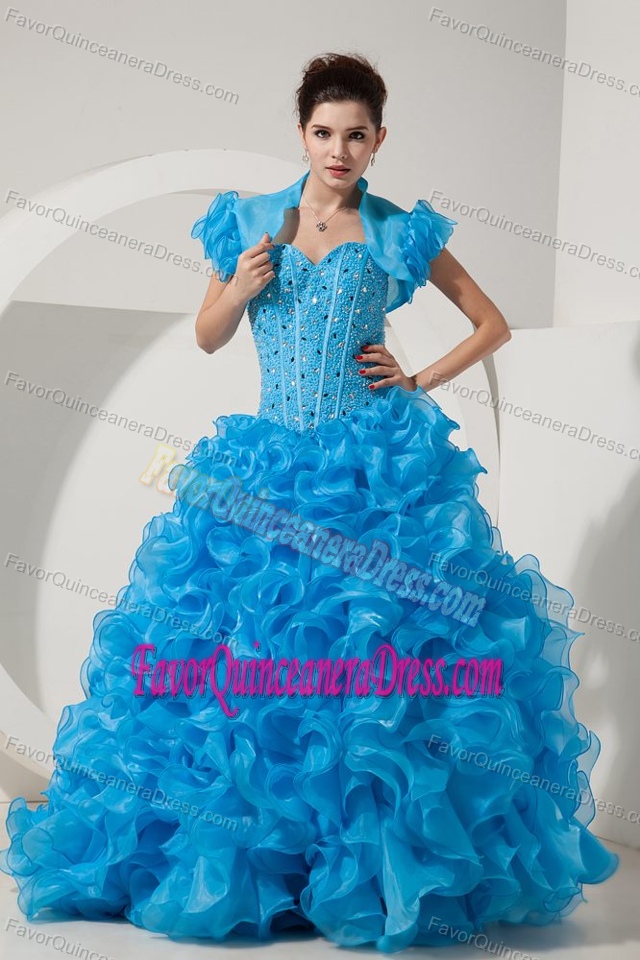 Light Blue Sweet Sixteen Quinceanera Dress in Organza with Beads and Ruffles