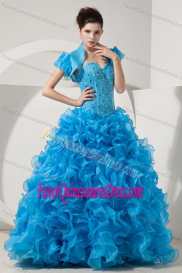 Light Blue Sweet Sixteen Quinceanera Dress in Organza with Beads and Ruffles