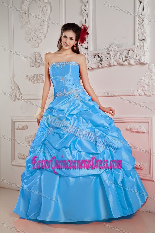 Popular Strapless Sweet Sixteen Dress with Beadings and Pickups in Taffeta