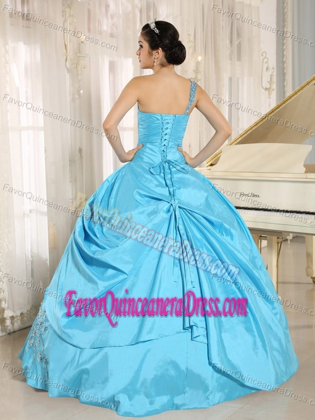 One Shoulder Aqua Blue Quinceanera Gowns with Appliques and Beading
