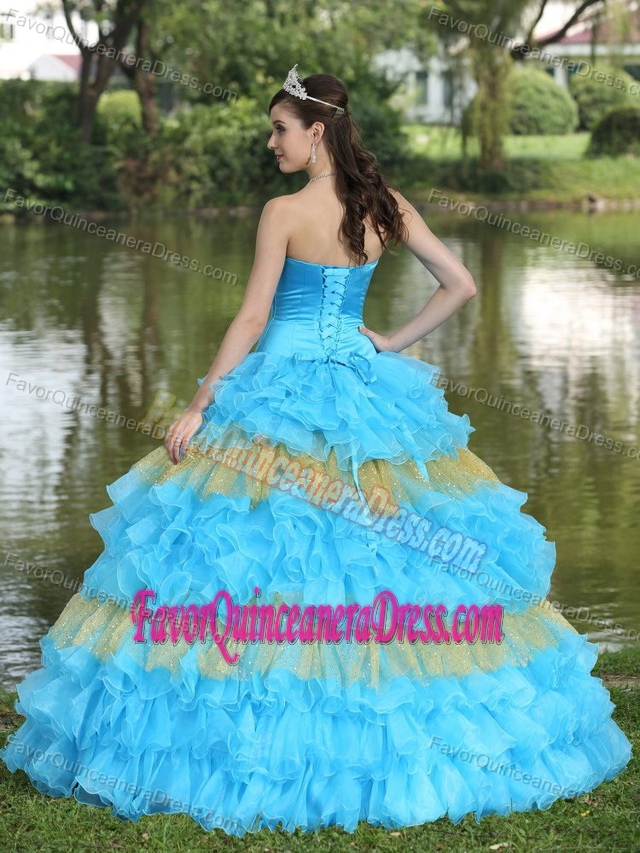 Aqua Blue Organza Tiered Quince Dress with Beads Decorated and Sequins