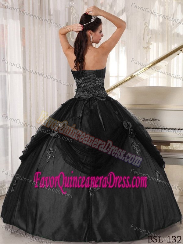 Essential Black Strapless Appliqued Taffeta and Tulle Dress for Quince with Flowers