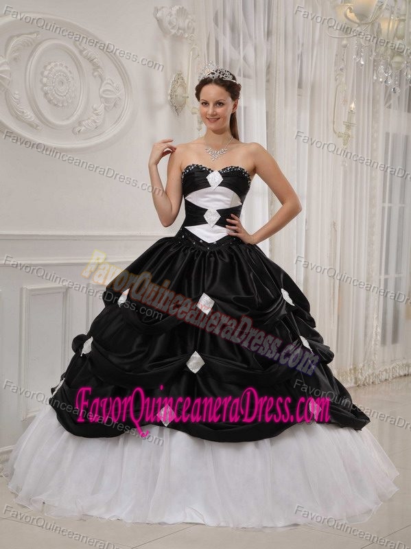 Top Black Taffeta and White Organza Sweetheart Quinceanera Dress with Pick-ups