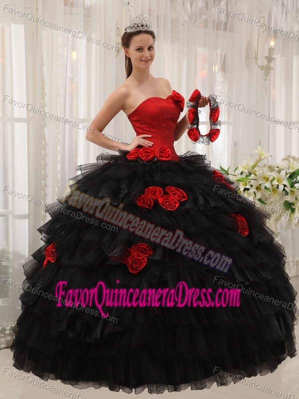 Red and Black Strapless Satin and Tulle Quinceanera Dress with Flowers and Layers