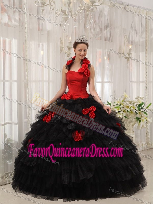 Red and Black Strapless Satin and Tulle Quinceanera Dress with Flowers and Layers