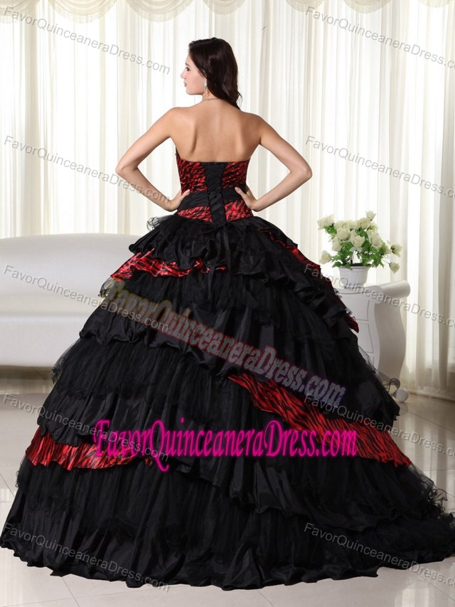 2013 Leopard Strapless Black Organza and Taffeta Quinceanera Gowns with Layers