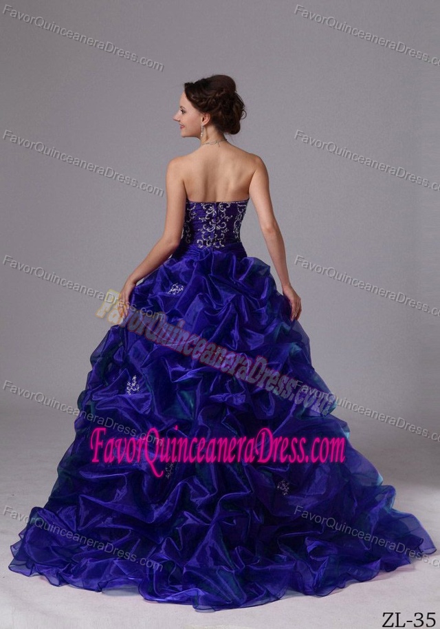Royal Blue Embroider and Pick-up Decorated Quince Dress with Sweep Train