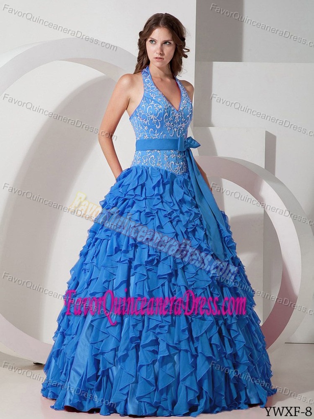 Halter Chiffon Embroidery Quinceanera Gown Dresses with Ruffles and Bow