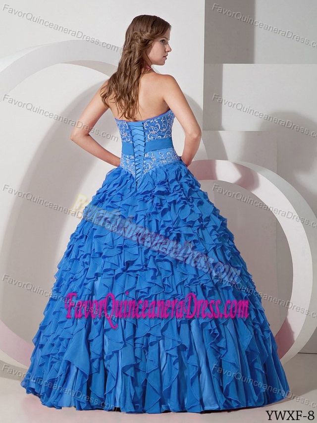 Halter Chiffon Embroidery Quinceanera Gown Dresses with Ruffles and Bow