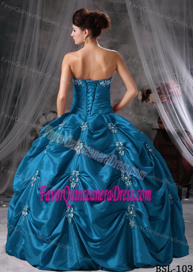 Teal Strapless Taffeta Sweet Sixteen Dress with Appliques and Pick-ups