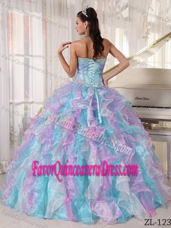 Multi-color Sweetheart Organza Ruffled Quinceanera Dress with Appliques