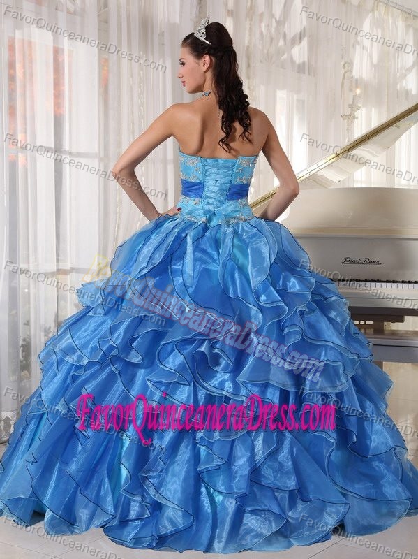 Beautiful Ruffled Strapless Blue Organza Quinceanera Gown with Appliques