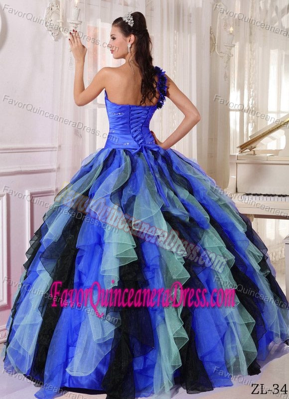 Multi-colored One Shoulder Organza Sweet 16 Dress with Beads and Ruffles