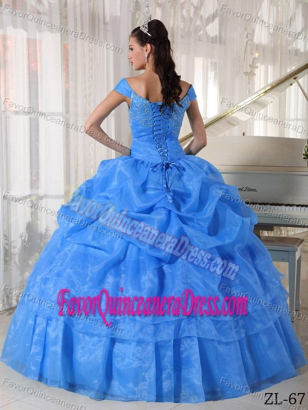 Blue Off the Shoulder Taffeta and Organza Sweet 15 Dresses with Beads
