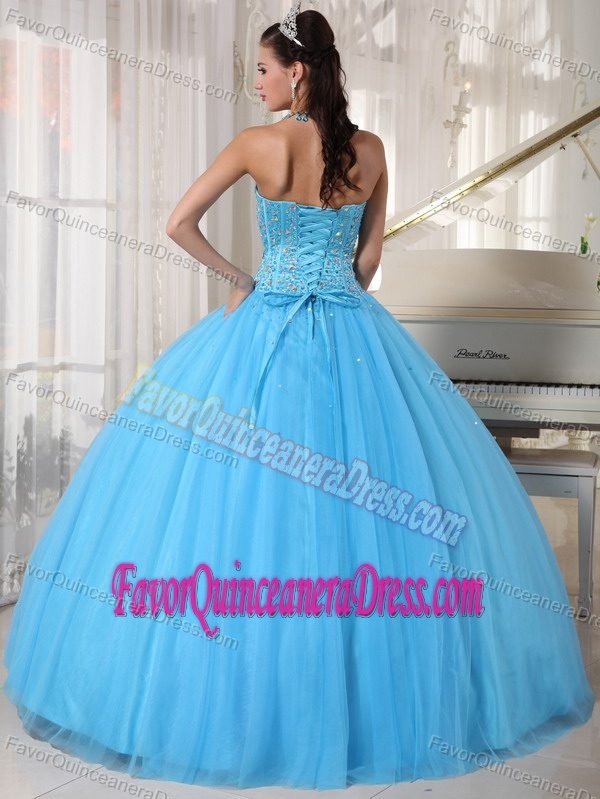 Perfect Sky Blue Sweetheart Tulle Beaded Quinceanera Gowns with Pleats