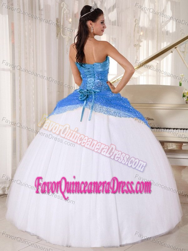 Blue and White Spaghetti Straps Quince Dresses in Tulle with Sequins