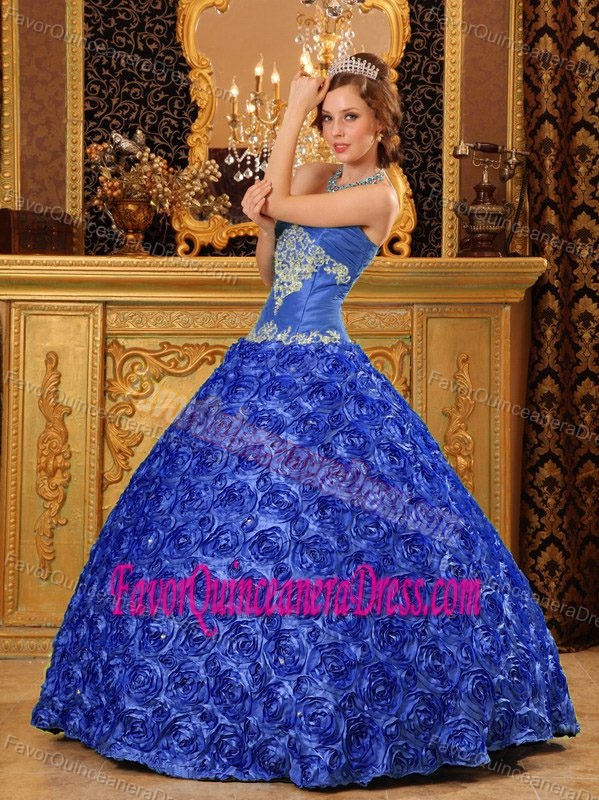 Blue Sweetheart Quinceanera Gowns with Rolling Flowers and Appliques