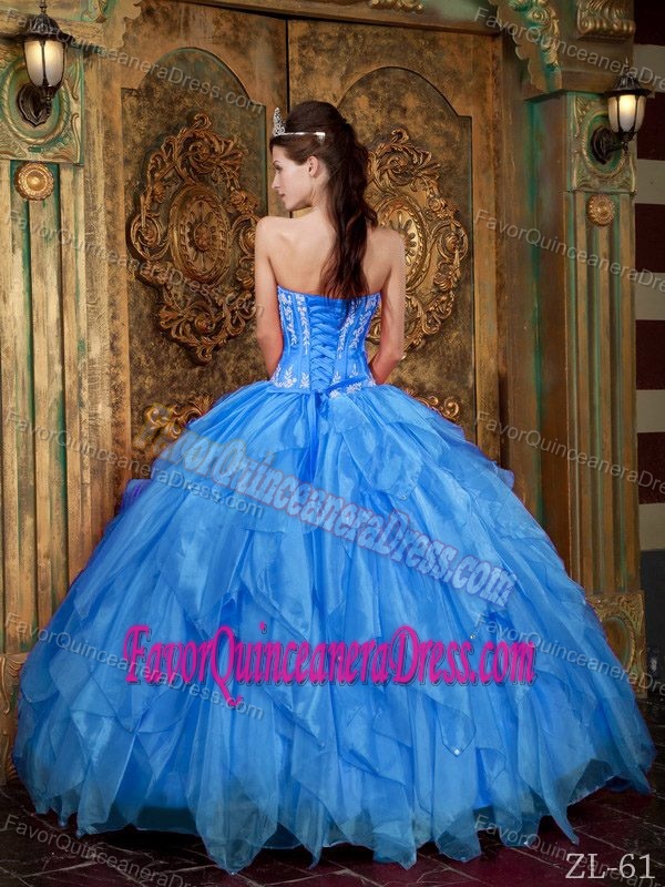 Gorgeous Ruffled Strapless Appliqued Blue Sweet 15 Dresses in Organza