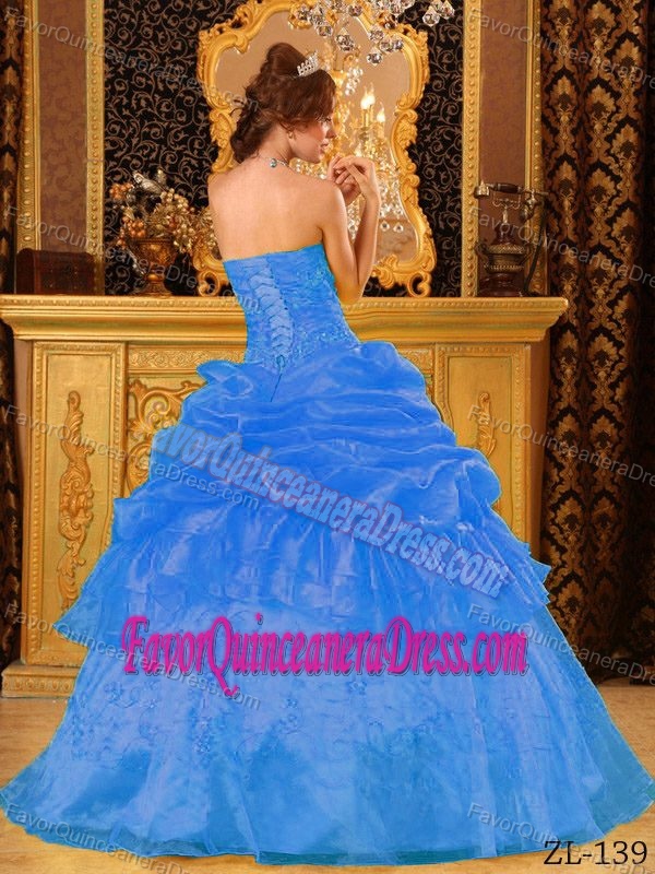 Strapless Organza Appliqued Blue Dress for Quinceaneras with Ruffles