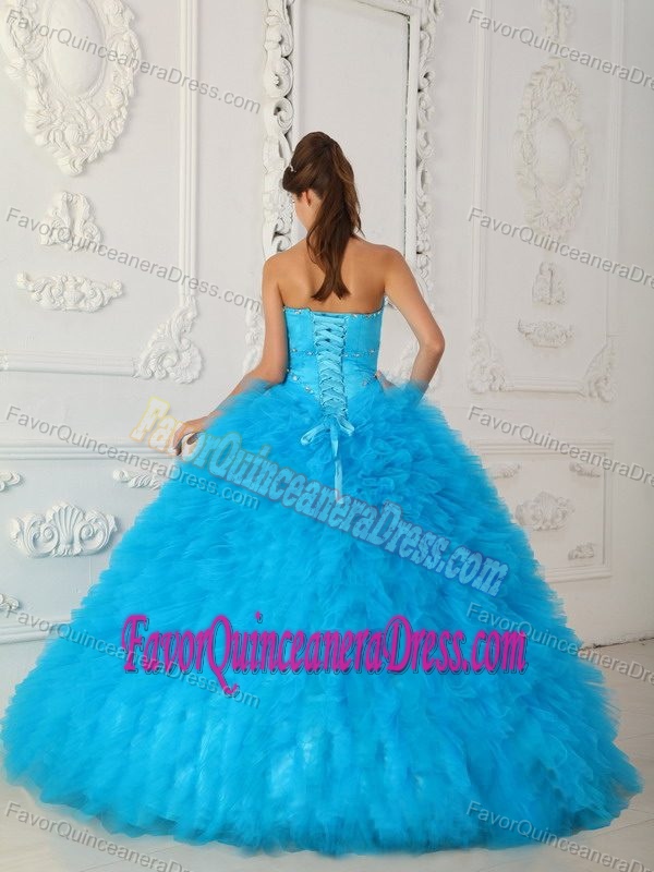 Satin and Organza Beaded Sweetheart Quinceanera Gown Dresses in Blue