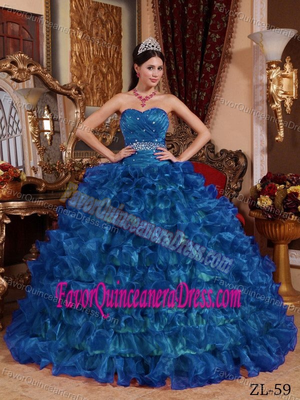 Graceful Organza Ruffled and Beaded Sweet 16 Dresses in Peacock Blue