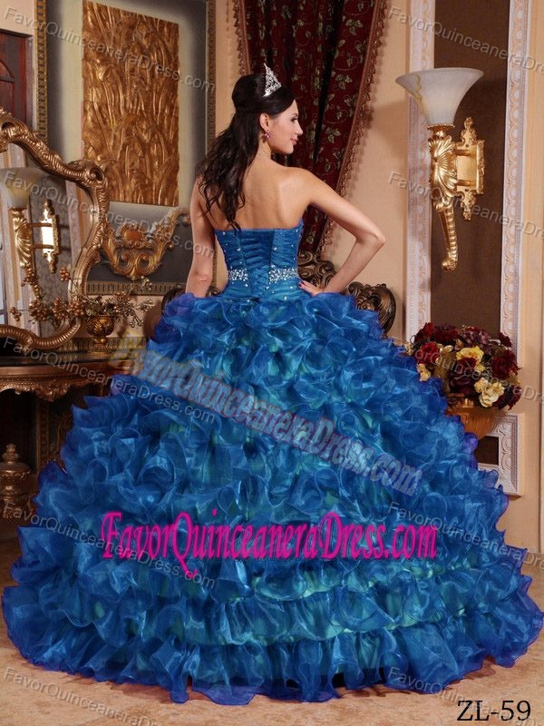 Graceful Organza Ruffled and Beaded Sweet 16 Dresses in Peacock Blue