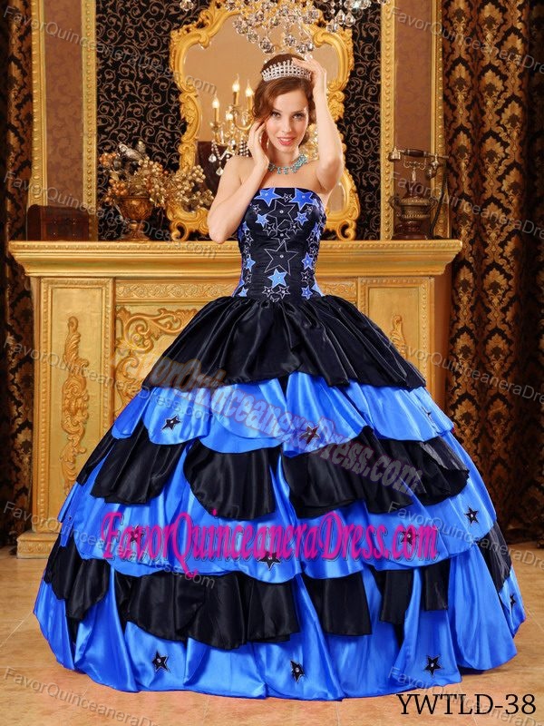 Black and Blue Strapless Taffeta Dress for Quinceaneras with Ruffles