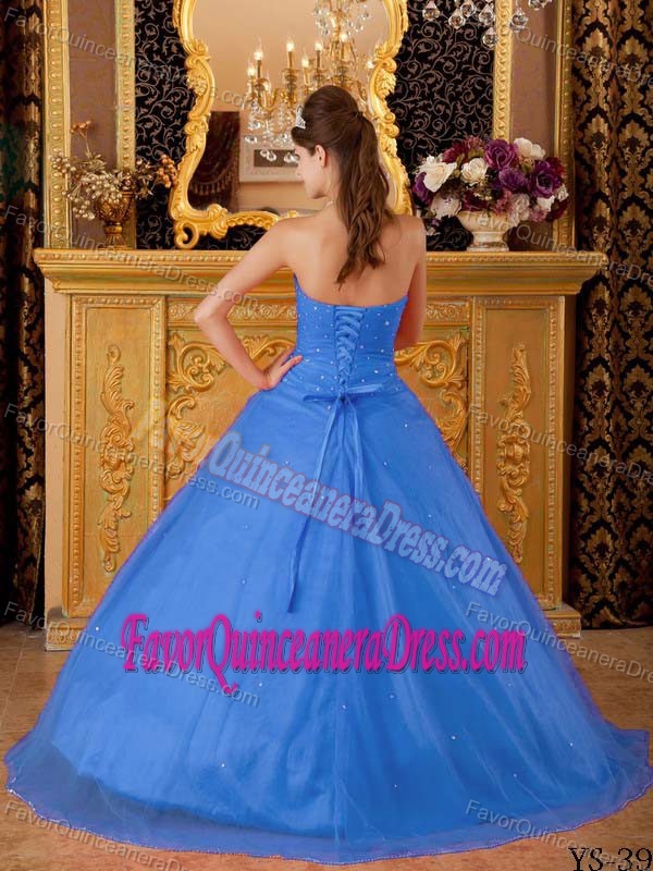 Tulle Appliqued Blue A-line Strapless Dress for Quinceaneras with Ruche