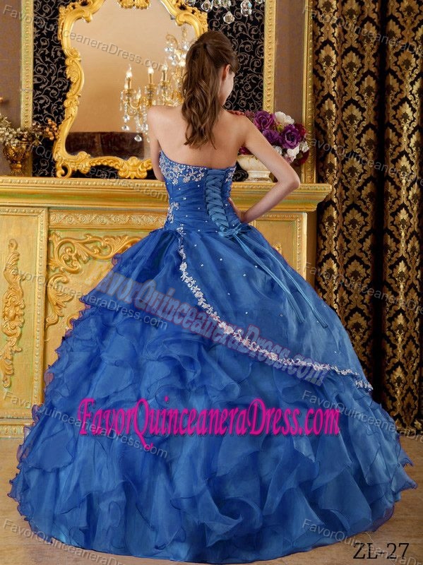 Popular Organza Appliqued Dark Blue Quinceanera Gown Dress with Ruffles