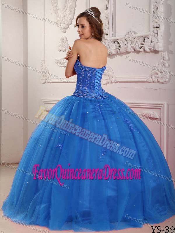 Elegant Strapless Tulle Beaded Quinceaneras Dress in Blue with Applique