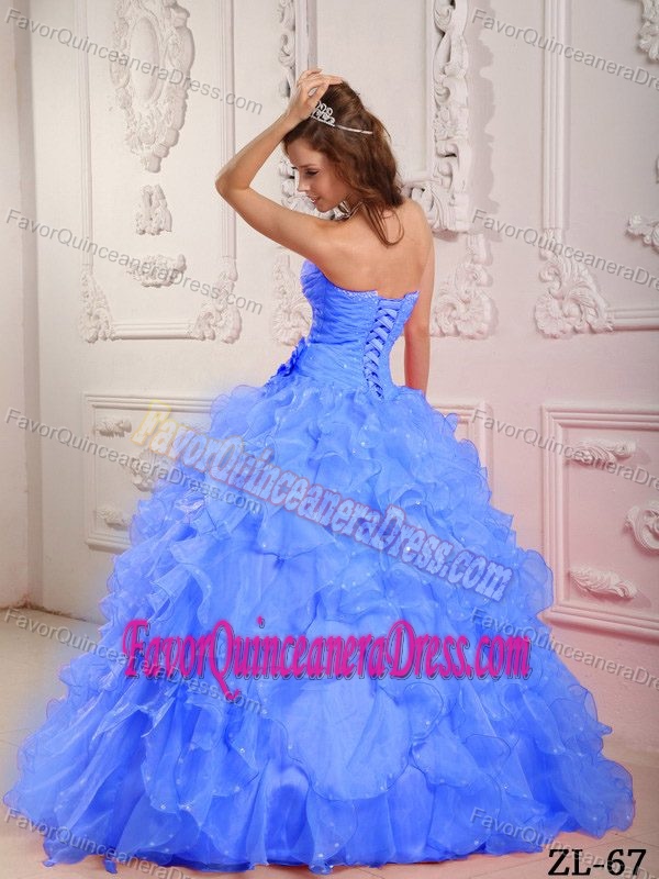 Romantic Beaded Blue Sweetheart Organza Sweet 16 Dresses with Ruffles