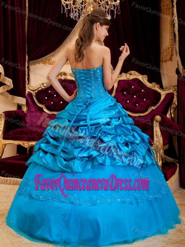 Strapless Taffeta and Tulle Dress for Quince with Lace and Appliques