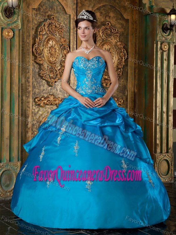 Taffeta Appliques and Pick-ups Decorated Quinceanera Gown Dress in Blue